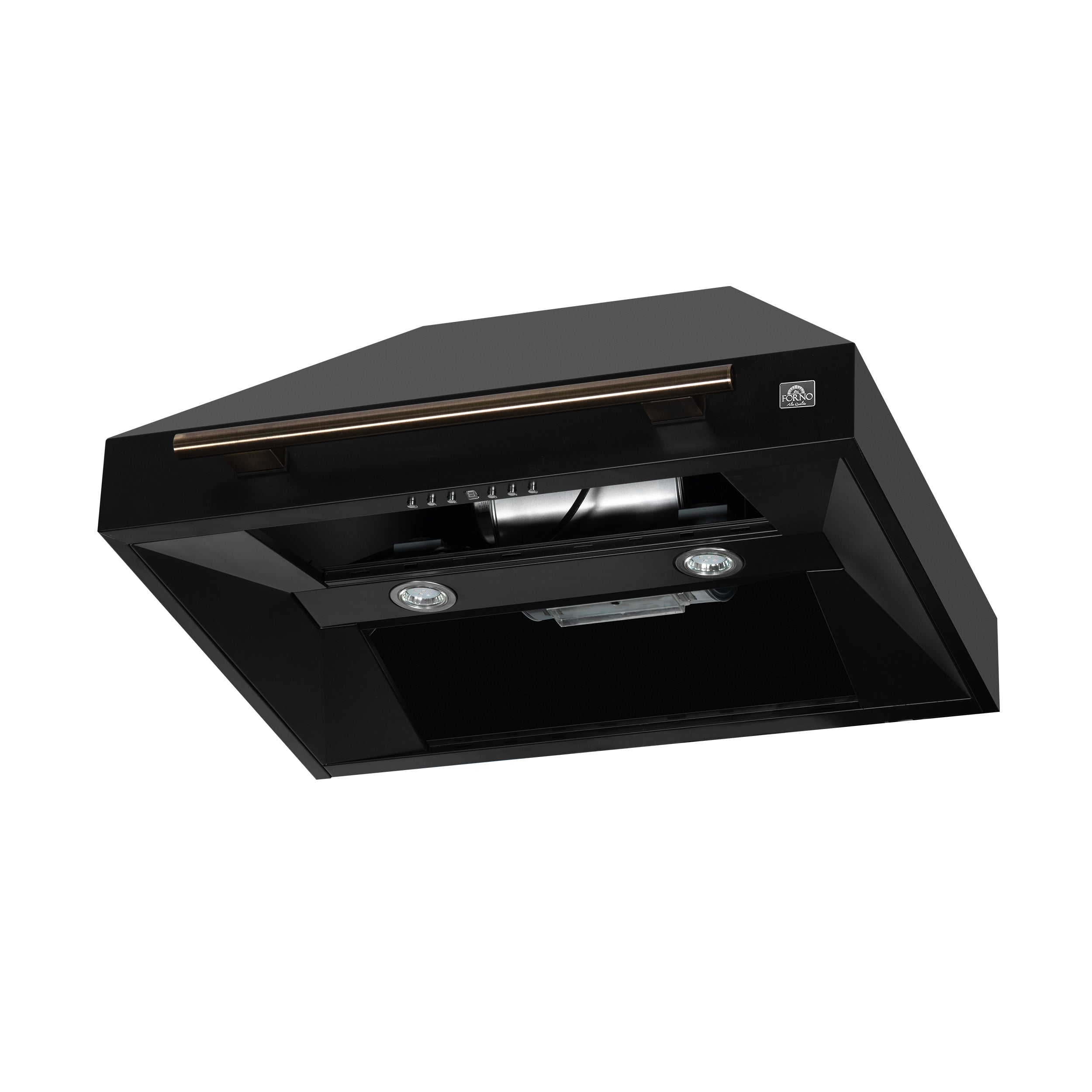 Forno Aria 30 in. 600 CFM Black Convertible Wall Mount Range Hood with Antique Brass Accents | FRHWM5095-30BLK