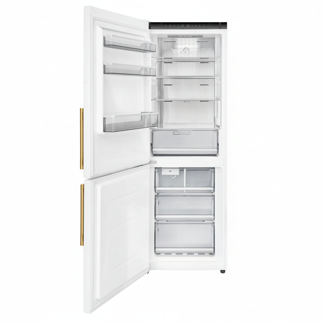 Custodia 24" Bottom Freezer, 10.3 cf., Left Swing, Ice Maker, Total No frost, White, Antique Brass handles