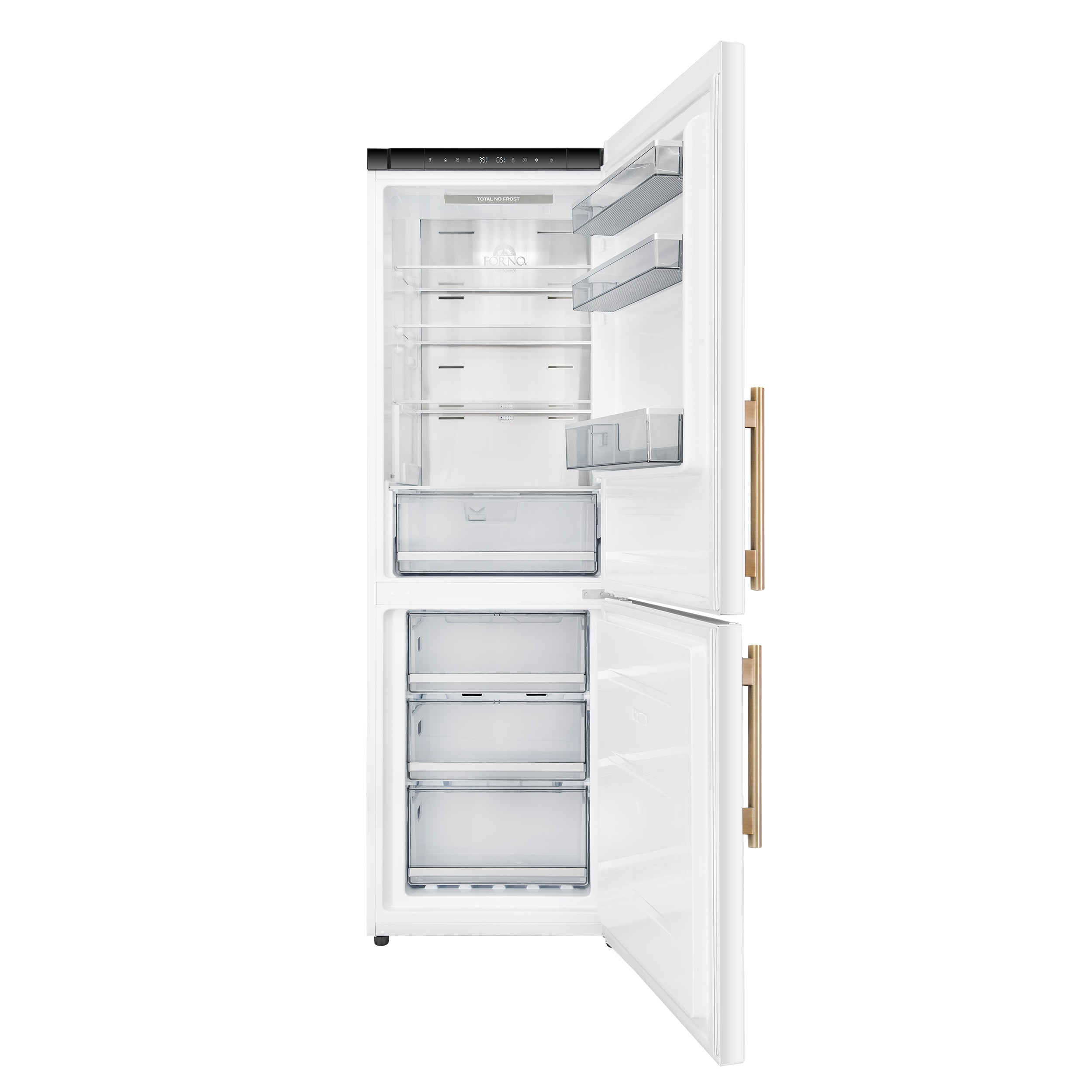 Forno Custodia 24 in. 10.3 cu.ft. White Right Swing Refrigerator with Bottom Freezer and Antique Brass handles | FFFFD1766-24WHT-RS