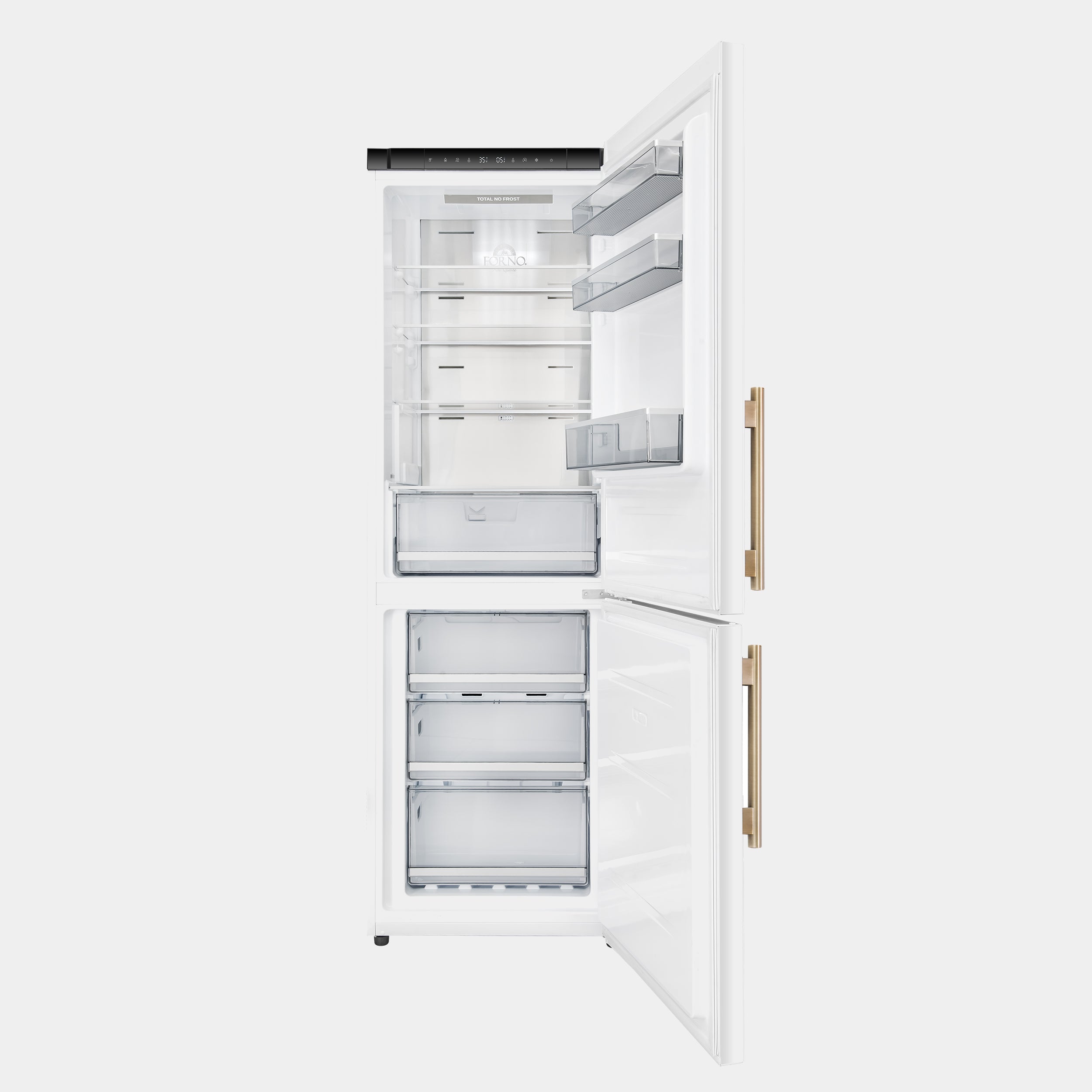 Forno Custodia 24 in. 10.3 cu.ft. White Right Swing Refrigerator with Bottom Freezer and Antique Brass handles | FFFFD1766-24WHT-RS