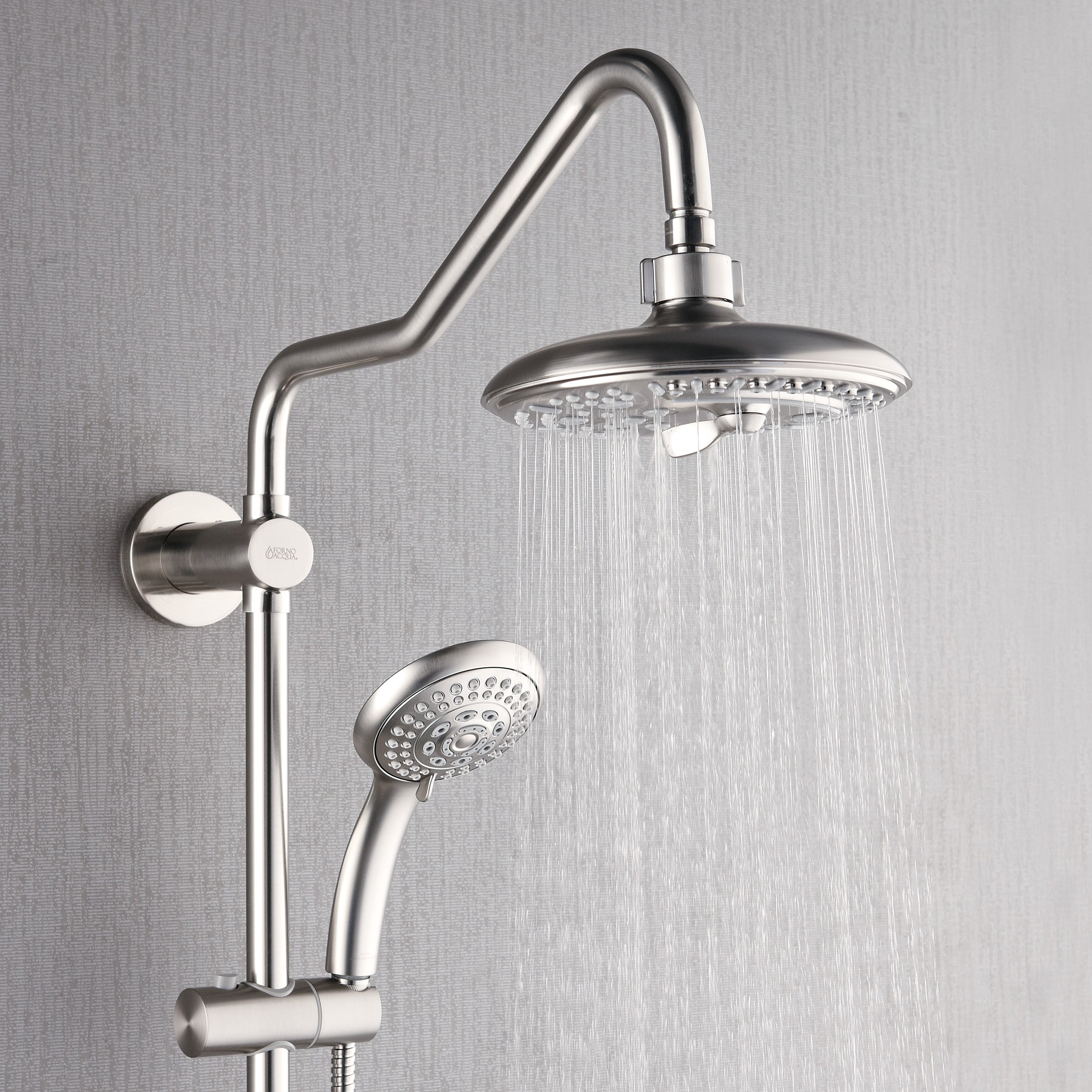 Forno Acqua AcquaSPA Retrofit Shower, Overhead Rainfall, 8 Inch Shower Head, Handheld Shower Head, Body Jets, 6 Way Diverter, Brushed Nickel Finish, 1.8 GPM Flow Rate