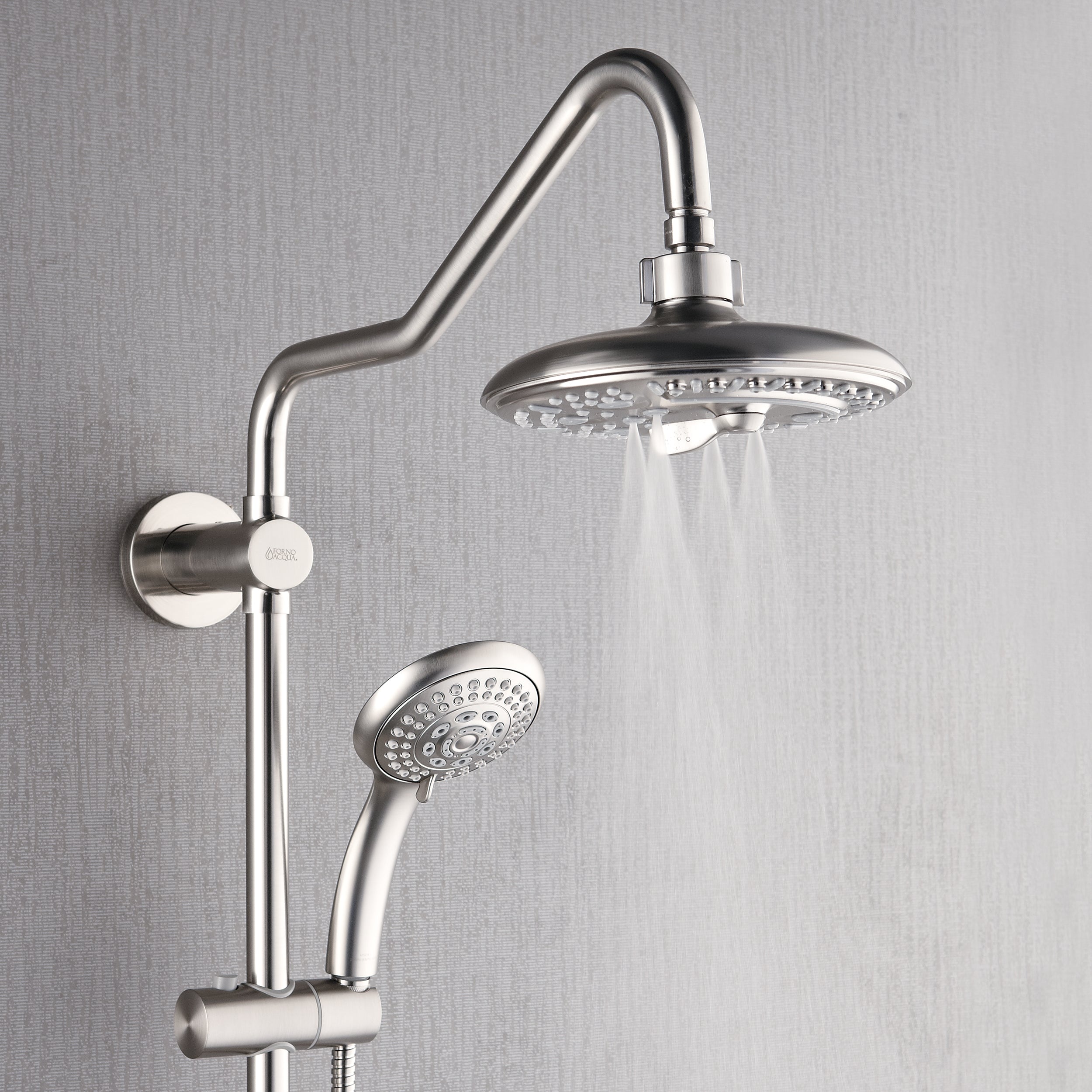 Forno Acqua AcquaSPA Retrofit Shower, Overhead Rainfall, 8 Inch Shower Head, Handheld Shower Head, Body Jets, 6 Way Diverter, Brushed Nickel Finish, 1.8 GPM Flow Rate