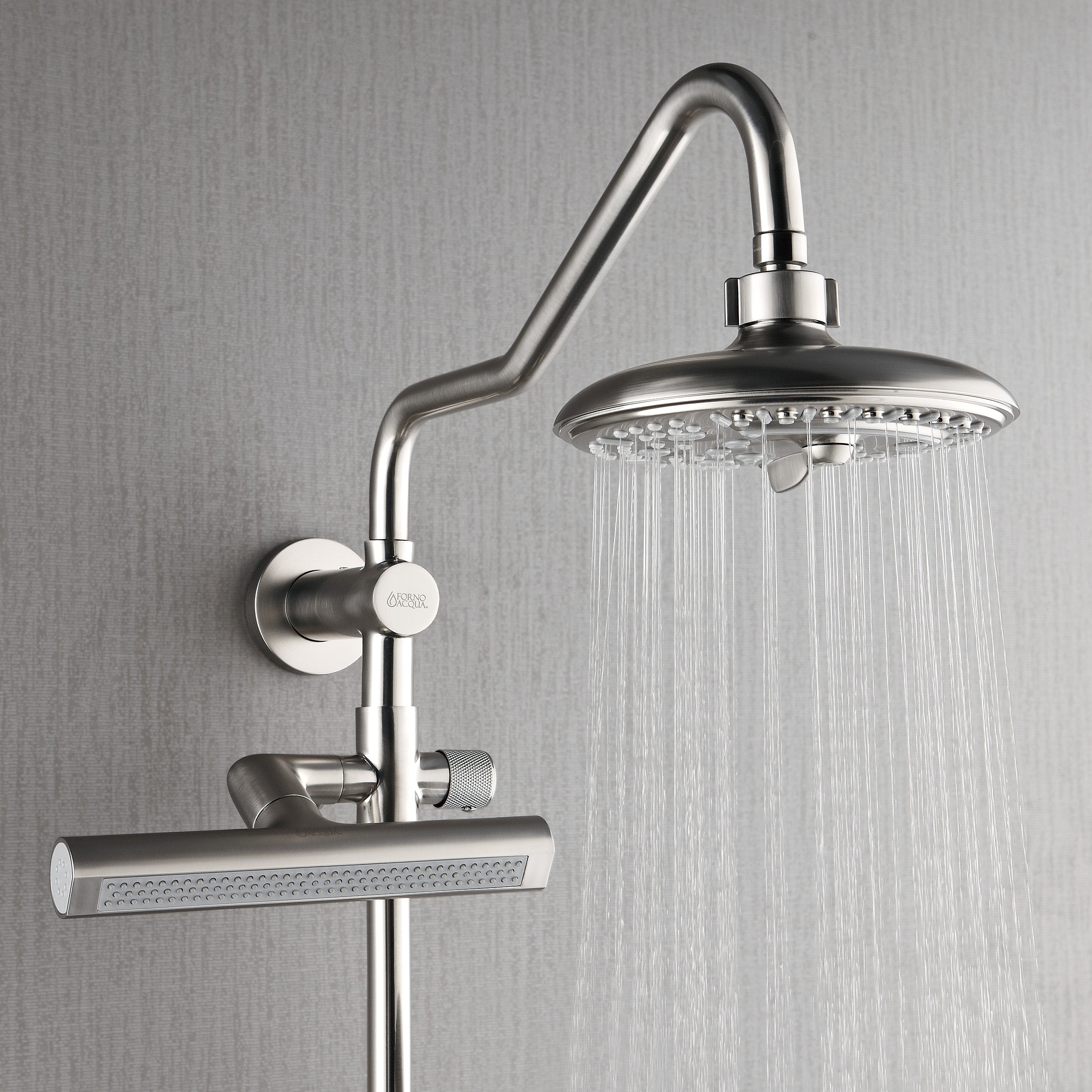 Forno Acqua AcquaFALL Shower, Brushed Nickel Finish, Overhead Rainfall Shower, 7 Way Diverter, Handheld Shower Head, Body Jets, 2.5 GPM Flow Rate