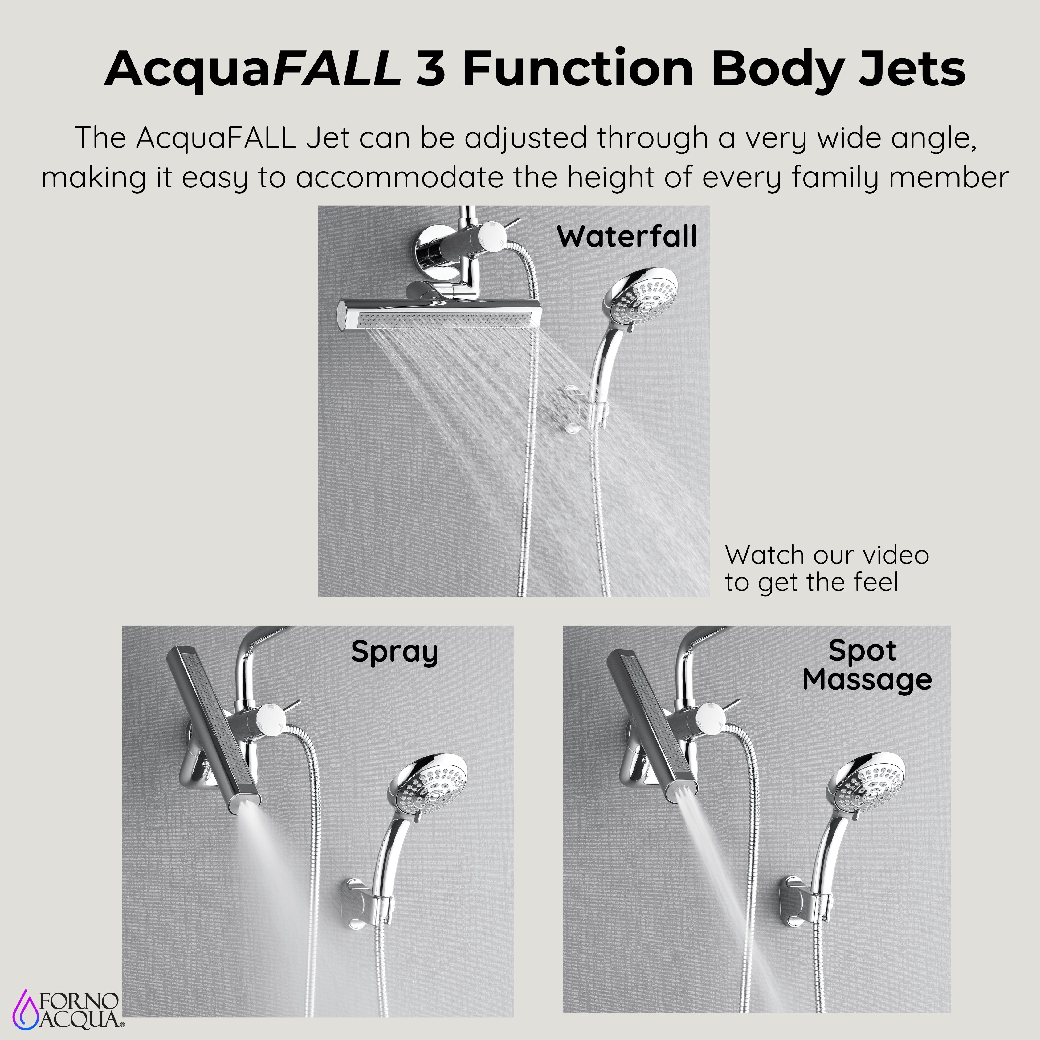 Forno Acqua AcquaFALL Mini Shower Head, Polished Stainless Steel Finish, Overhead Rainfall Shower, 7 Way Diverter, Handheld Shower Head, Body Jets, 1.8 GPM Flow Rate