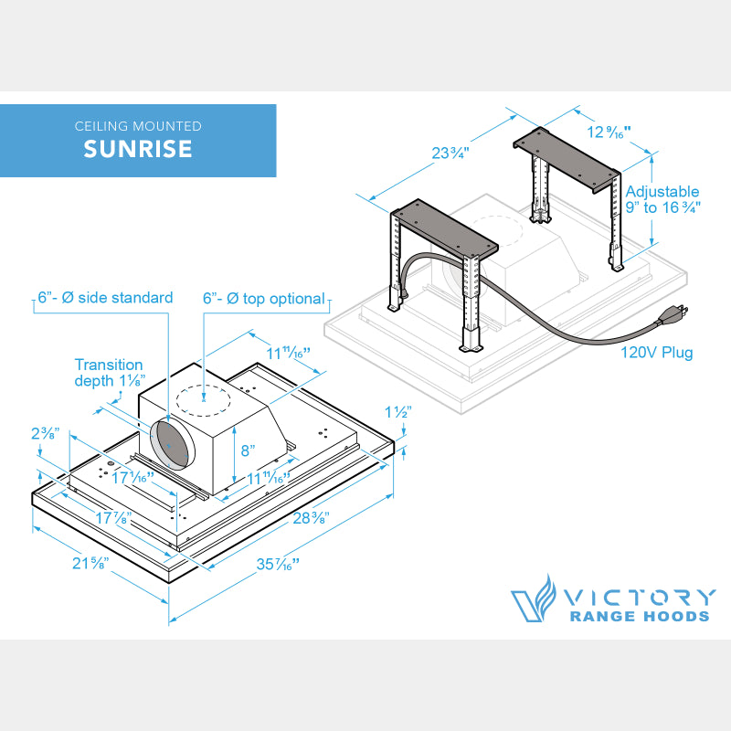 VICTORY Sunrise 600 CFM Stainless Steel Ceiling Mount Range Hood with Remote | SUNRISE