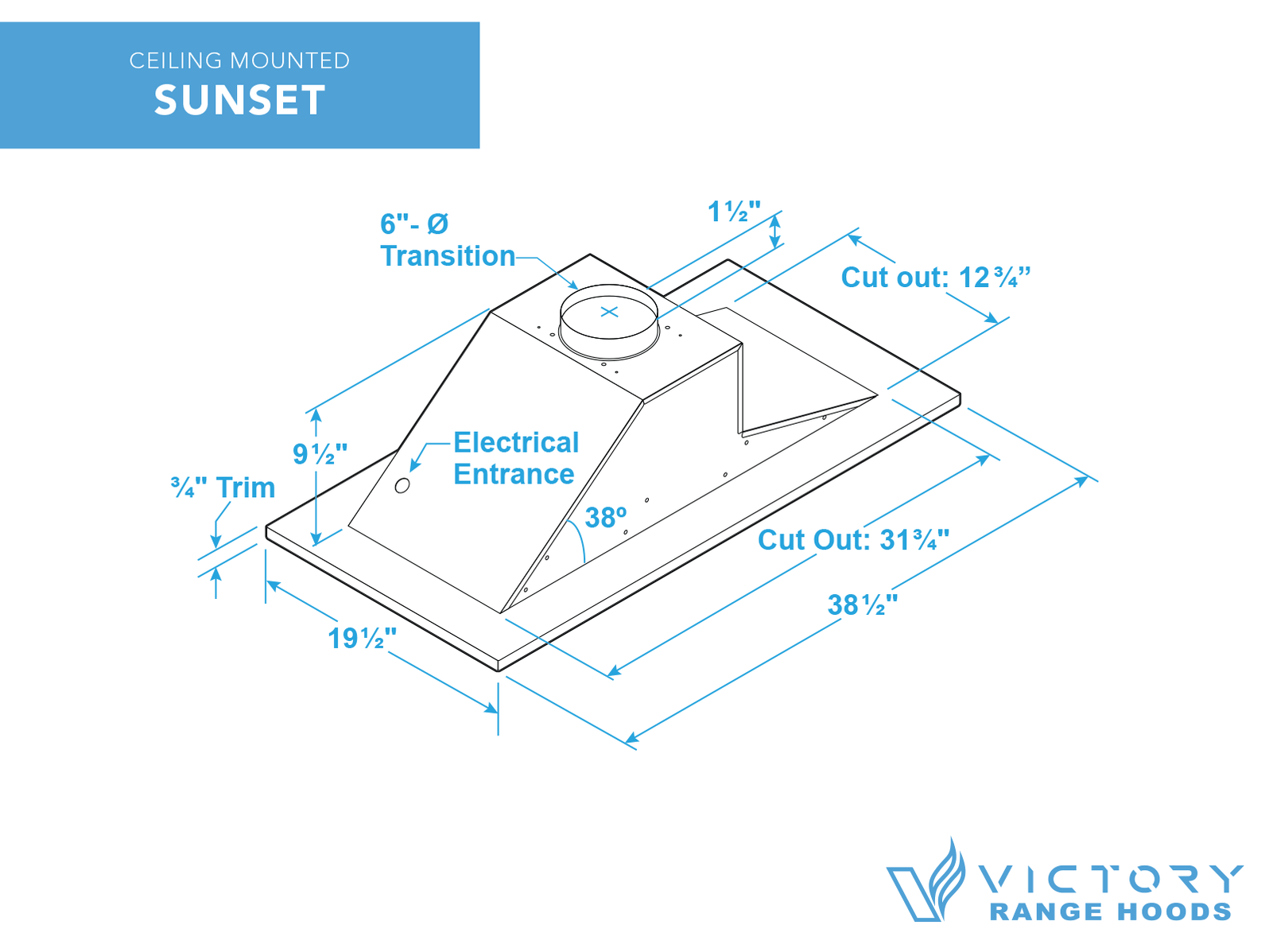 VICTORY Sunset 600 CFM Stainless Steel Flush Ceiling Mount Range Hood | SUNSET