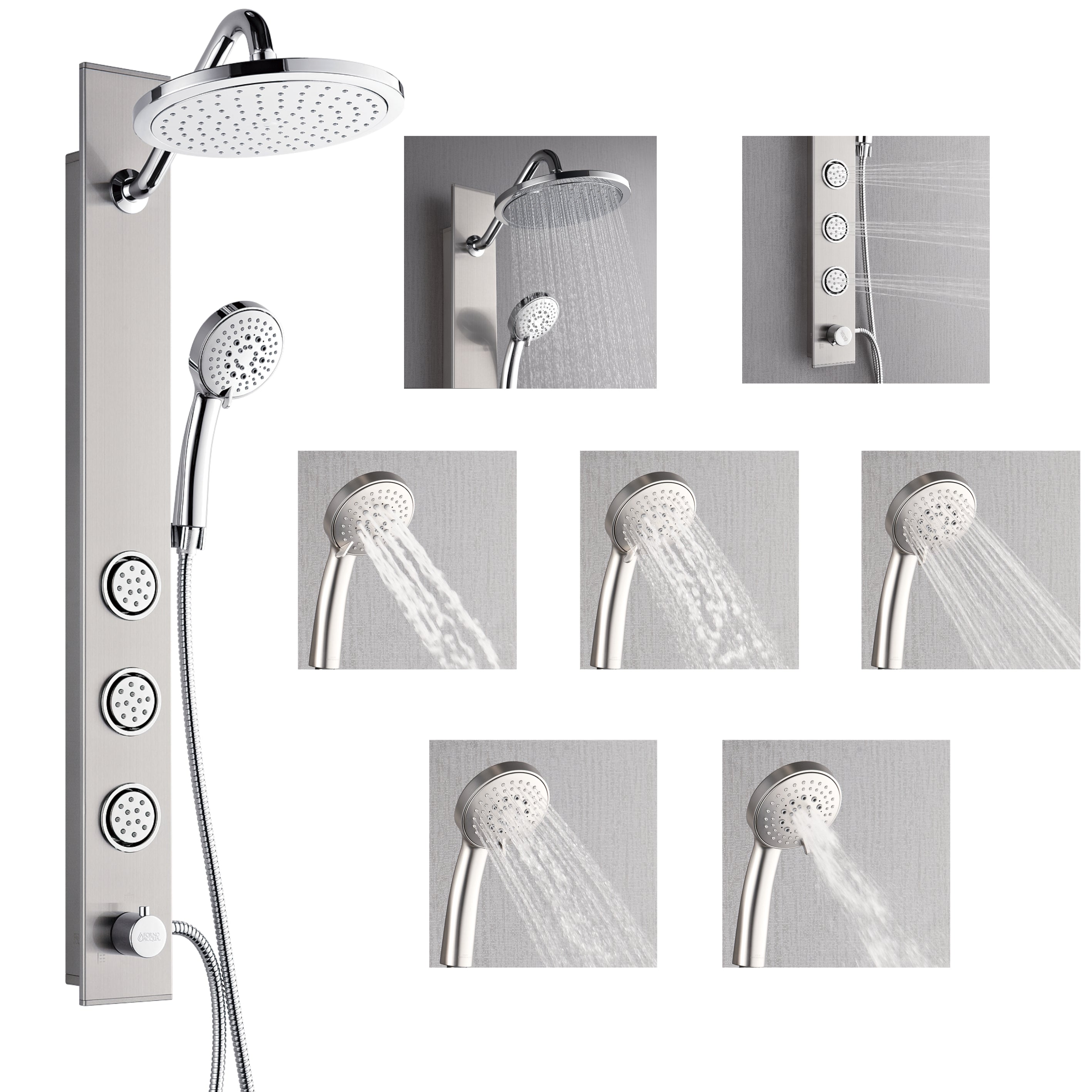 Forno Acqua AcquaSPA Shower Panel in Stainless Steel, Overhead Rainfall Shower, Handheld Shower Head, Body Jets, 6 Way Diverter, 2.5 GPM Flow Rate