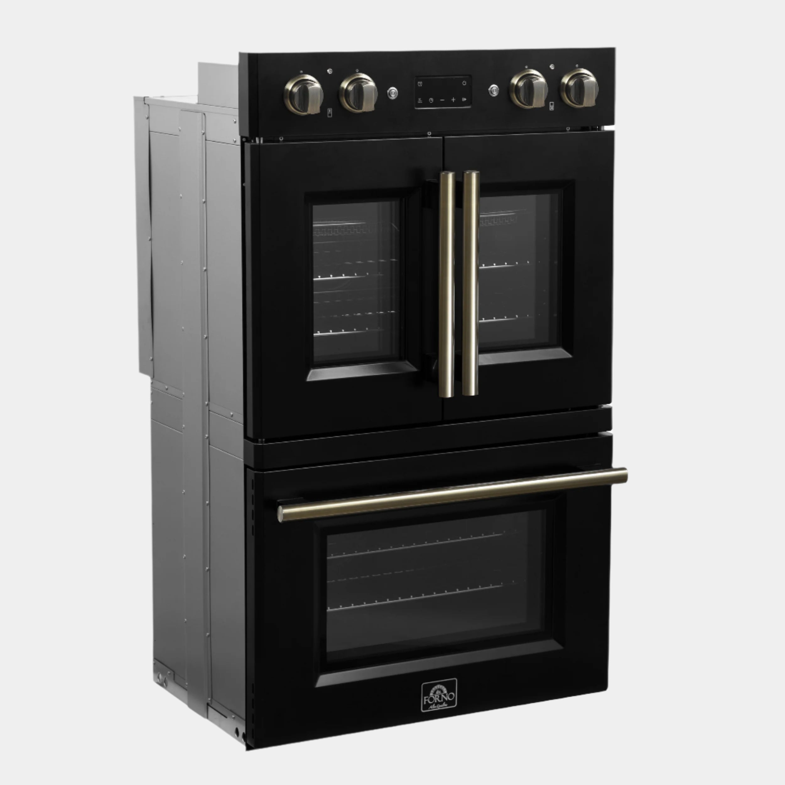 Forno Asti 30-Inch Double Electric Wall Oven with Upper French Doors in Black & Antique Brass, 7.36 cu. ft. Dual True Convection, 7,200W, Air Fry, Sous Vide, Self-Clean