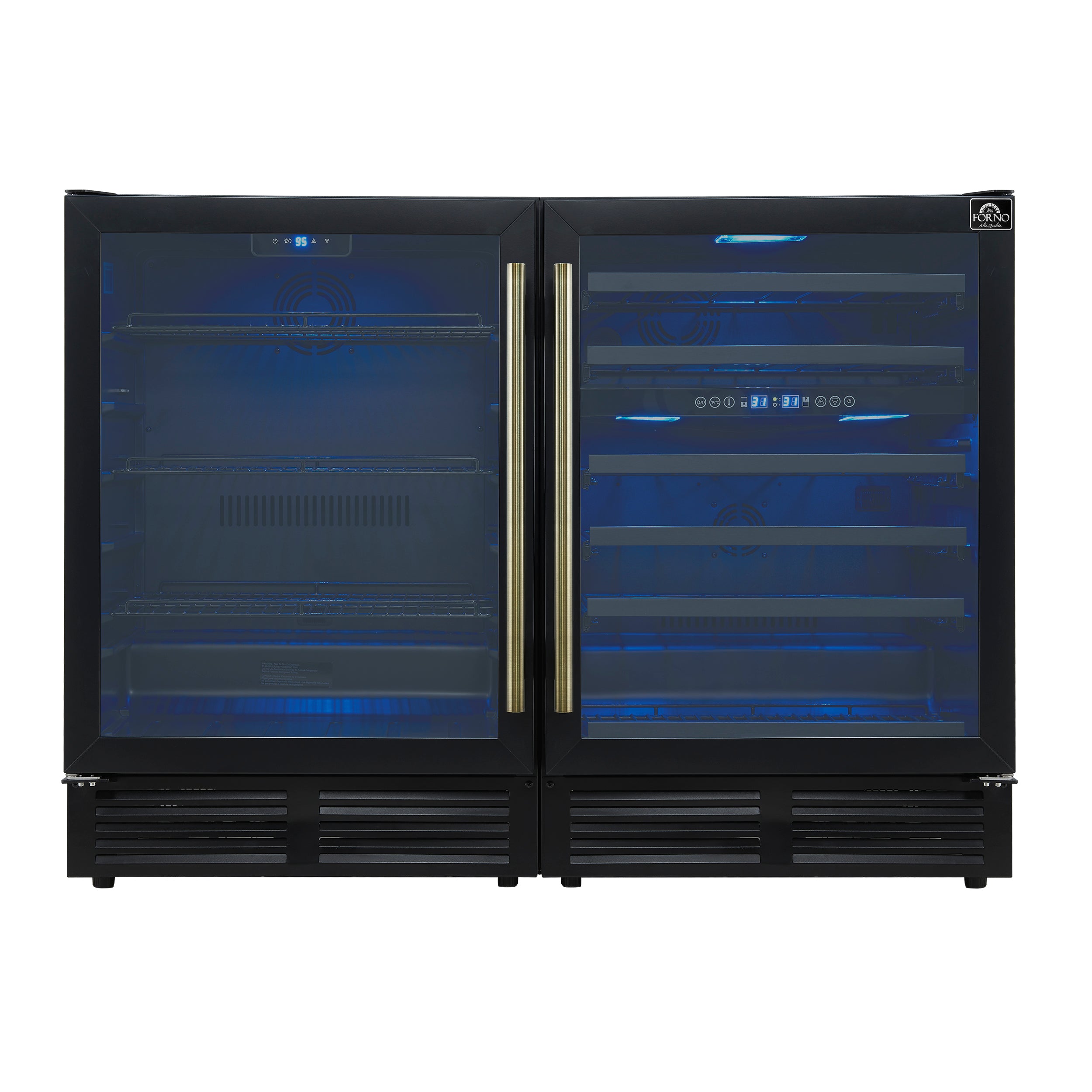 Forno Gemello 48 Inch Side-by-Side Wine and Beverage Cooler in Black with Antique Brass Handles, French Door, 9.6 cu. ft.