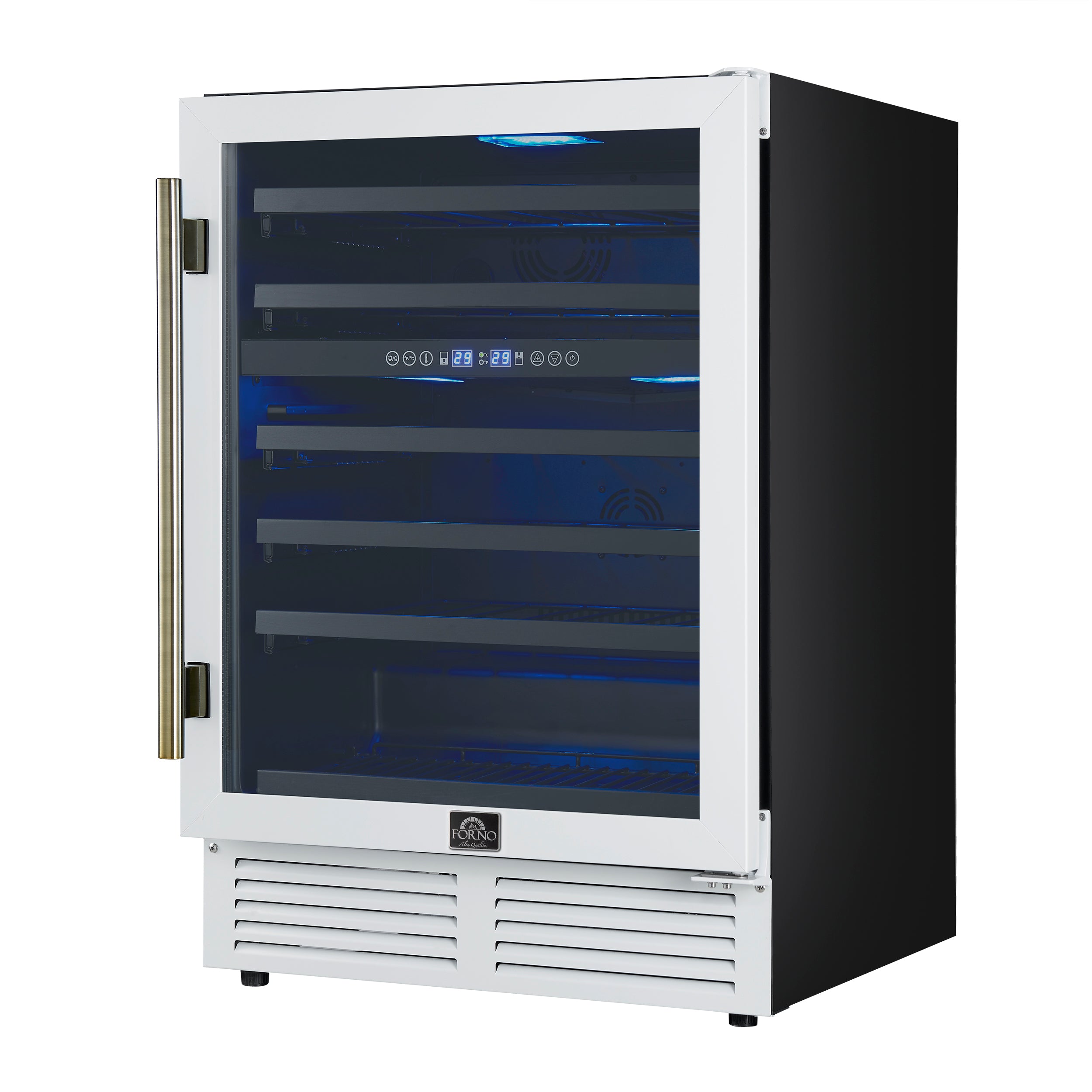 Forno Bacchino 24 Inch Wine Cooler, White with Antique Brass Handles, with LED Lighting, Triple Glass Door, 51 Bottle Capacity, Built-In or Freestanding