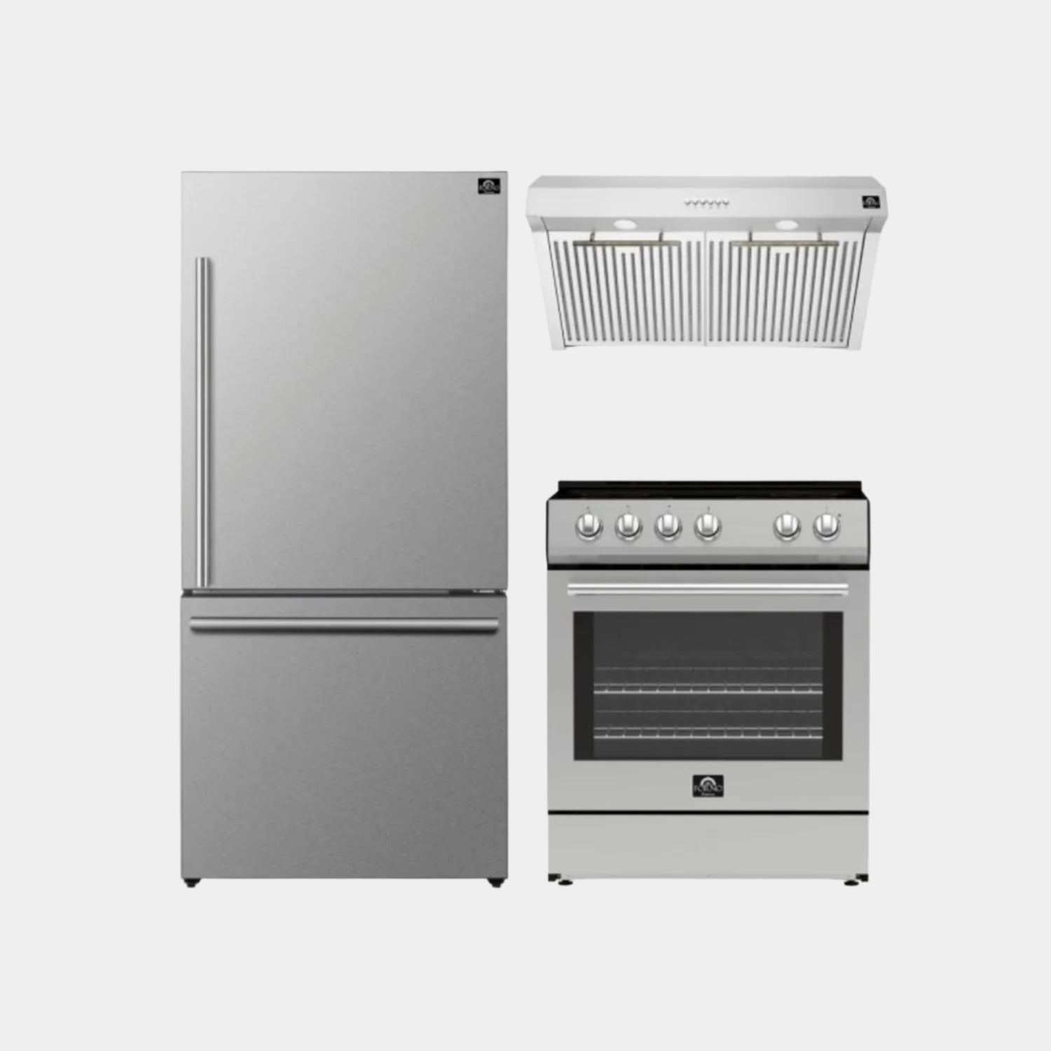 FORNO Premium 3-Piece Kitchen Bundle - Leonardo Espresso 30" Stainless Steel Range, 31" Stainless Steel Bottom Freezer Refrigerator, 30" Stainless Steel Under Cabinet Range Hood - FBDL-001-01US