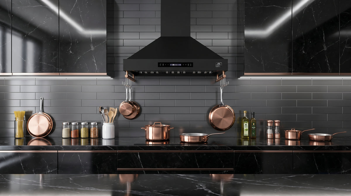 Forno Venezia 36 in. 370 CFM Black Wall Mount Range Hood with Antique Brass Accents | FRHWM5503-36BLK
