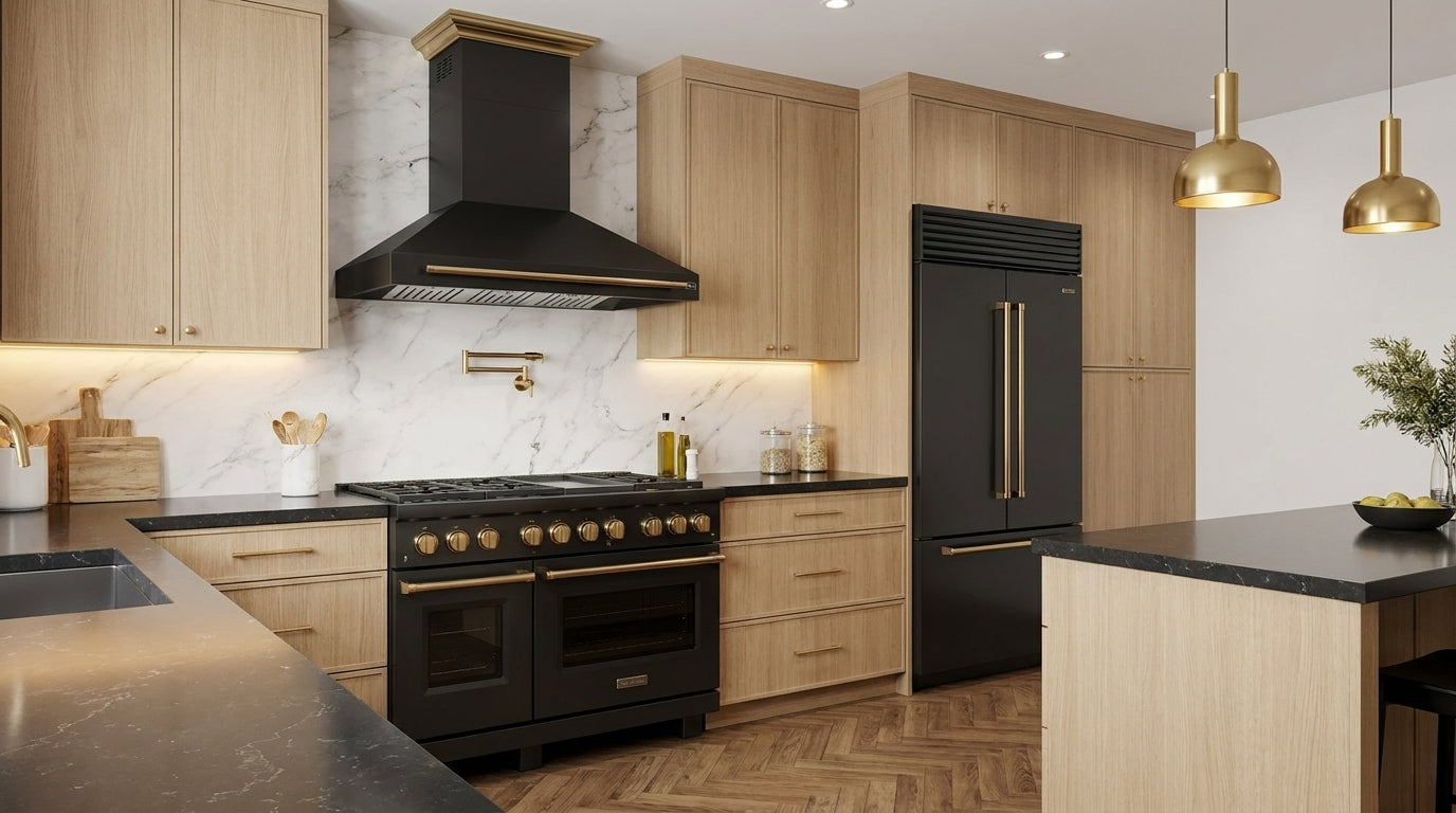 Forno Aria 48 in. 1200 CFM Black Wall Mount Range Hood with Antique Brass Accents | FRHWM5095-48BLK