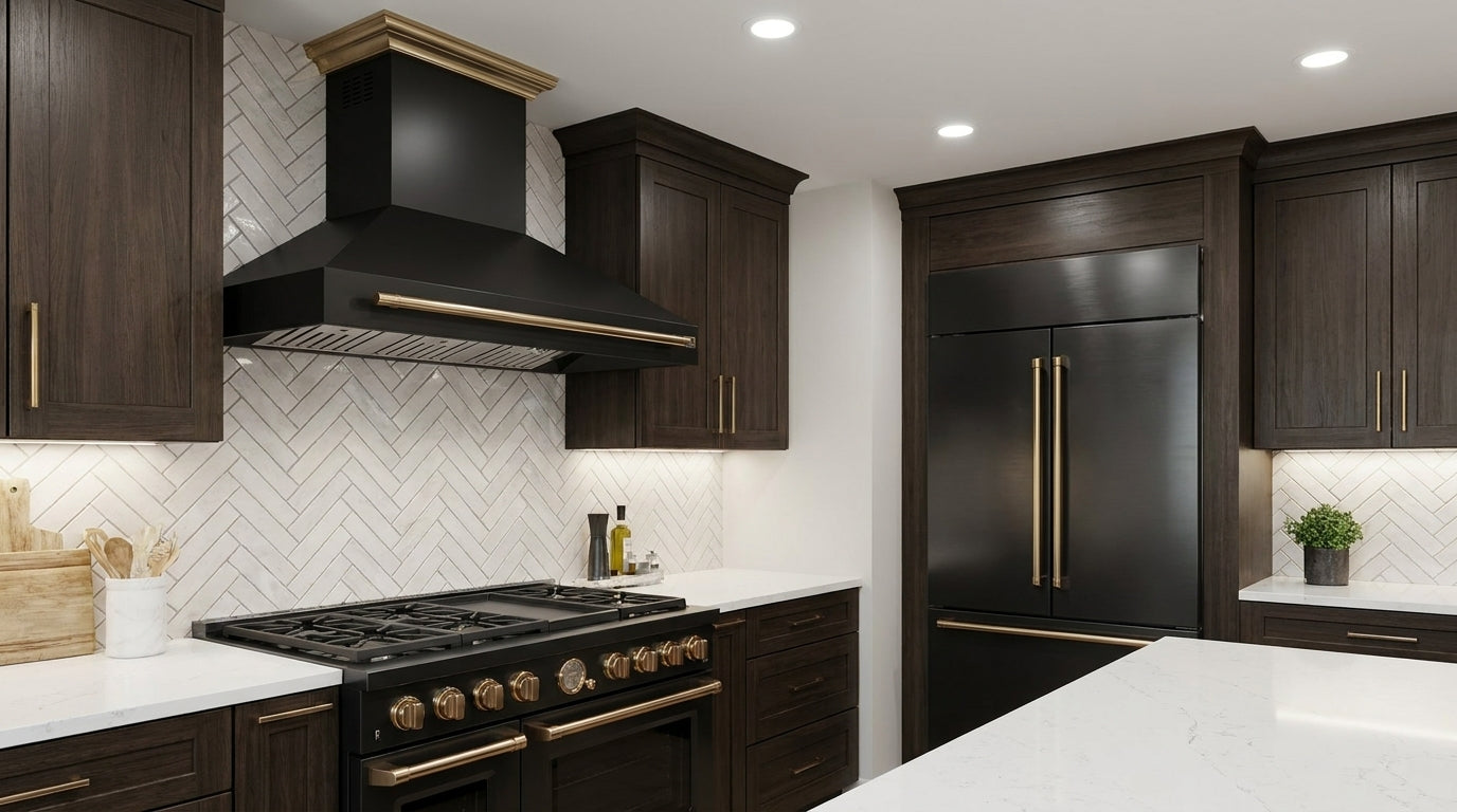 Forno Aria 48 in. 1200 CFM Black Wall Mount Range Hood with Antique Brass Accents | FRHWM5095-48BLK