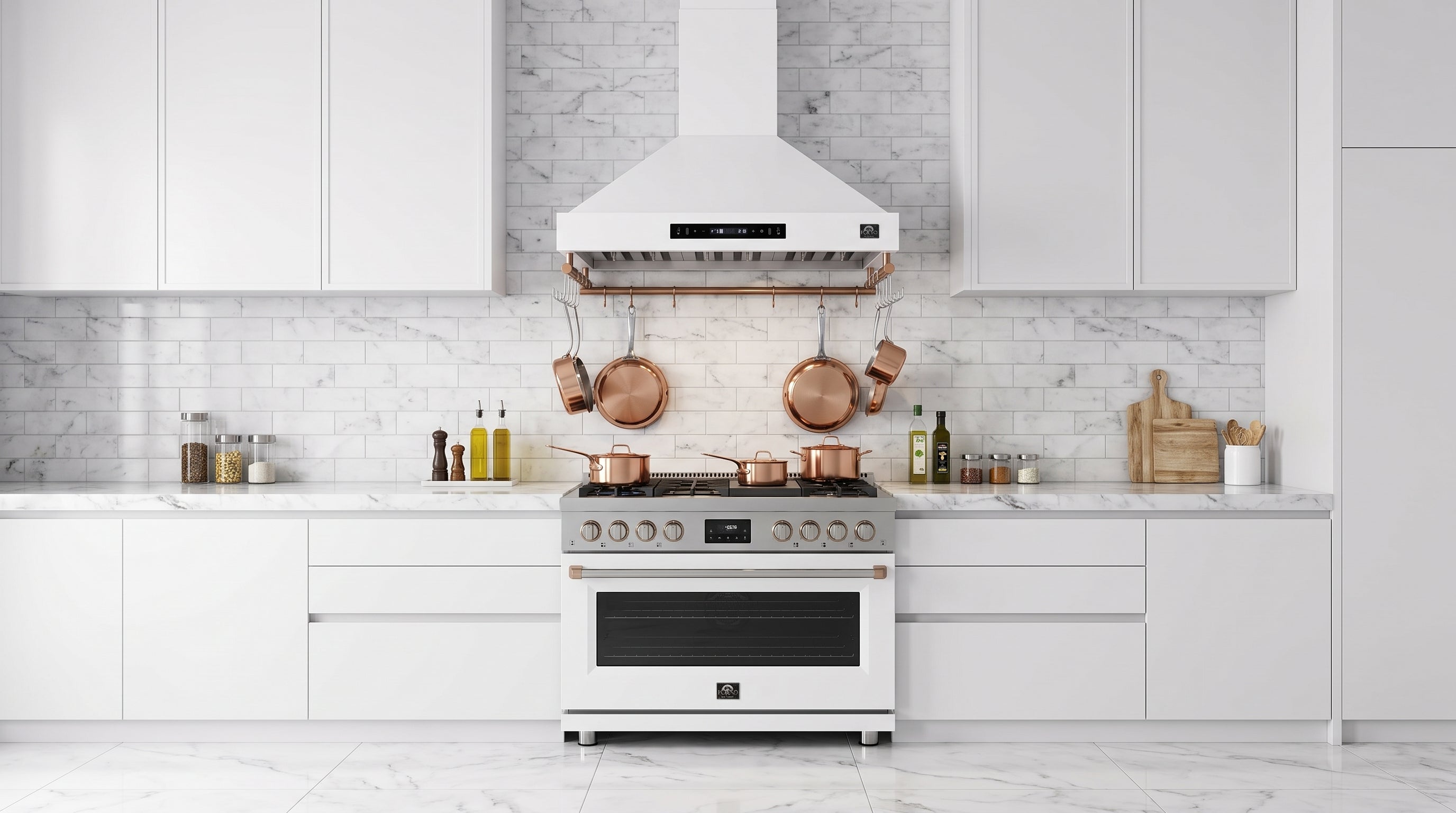 Forno Venezia 36 in. 370 CFM White Wall Mount Range Hood with Antique Brass Accents | FRHWM5503-36WHT