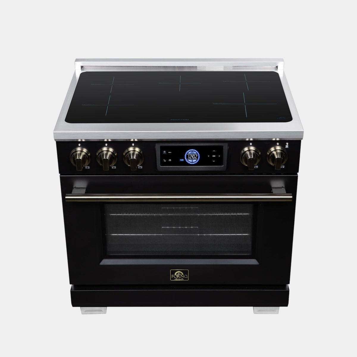 Oven Elite HQ Forno Maximus 36-inch black induction range with antique brass knobs and digital oven display