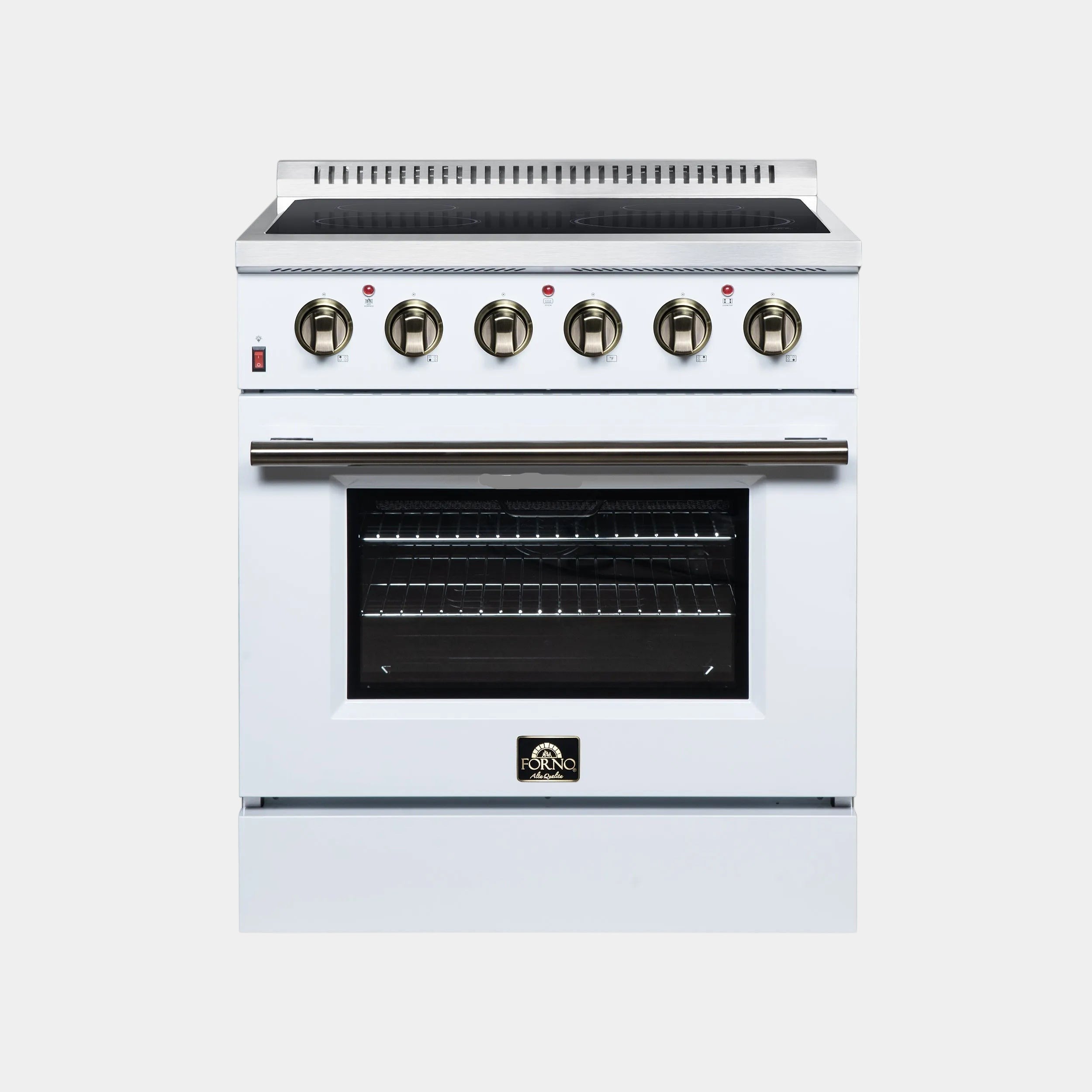 Oven Elite HQ Forno Galiano 30-inch white electric range with air fry, ceramic cooktop, and antique brass accents.