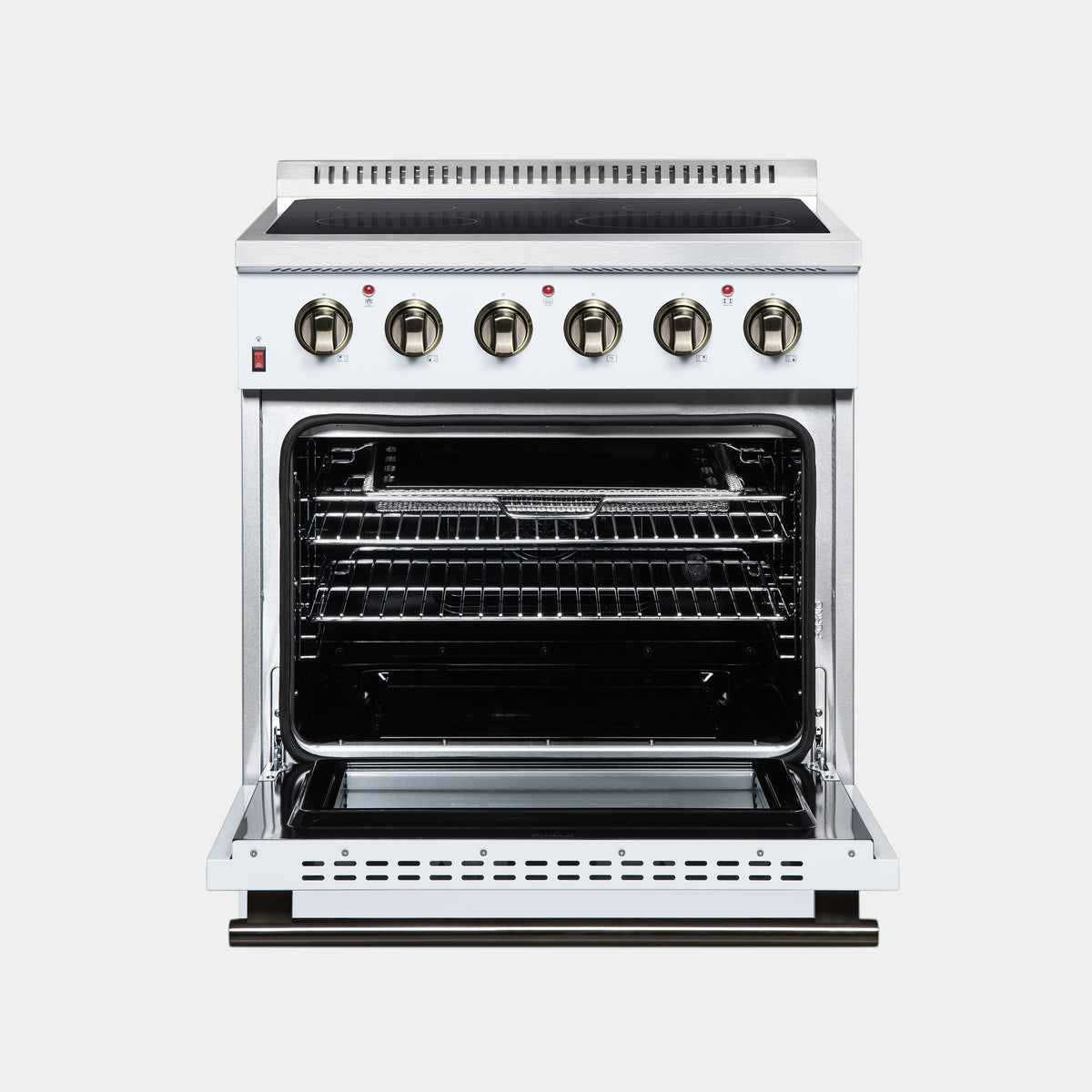 Oven Elite HQ Forno Galiano 30-inch white electric range with open oven door, ceramic cooktop, and antique brass knobs