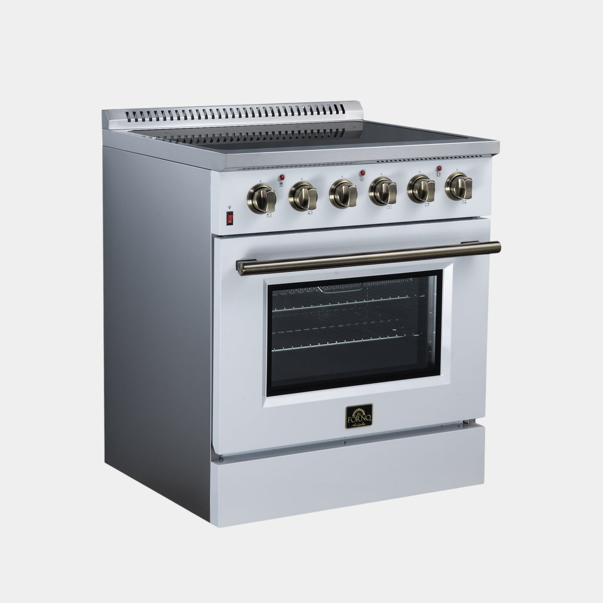 Oven Elite HQ 30-inch white electric range with ceramic glass cooktop, air fry, and antique brass knobs and handle.