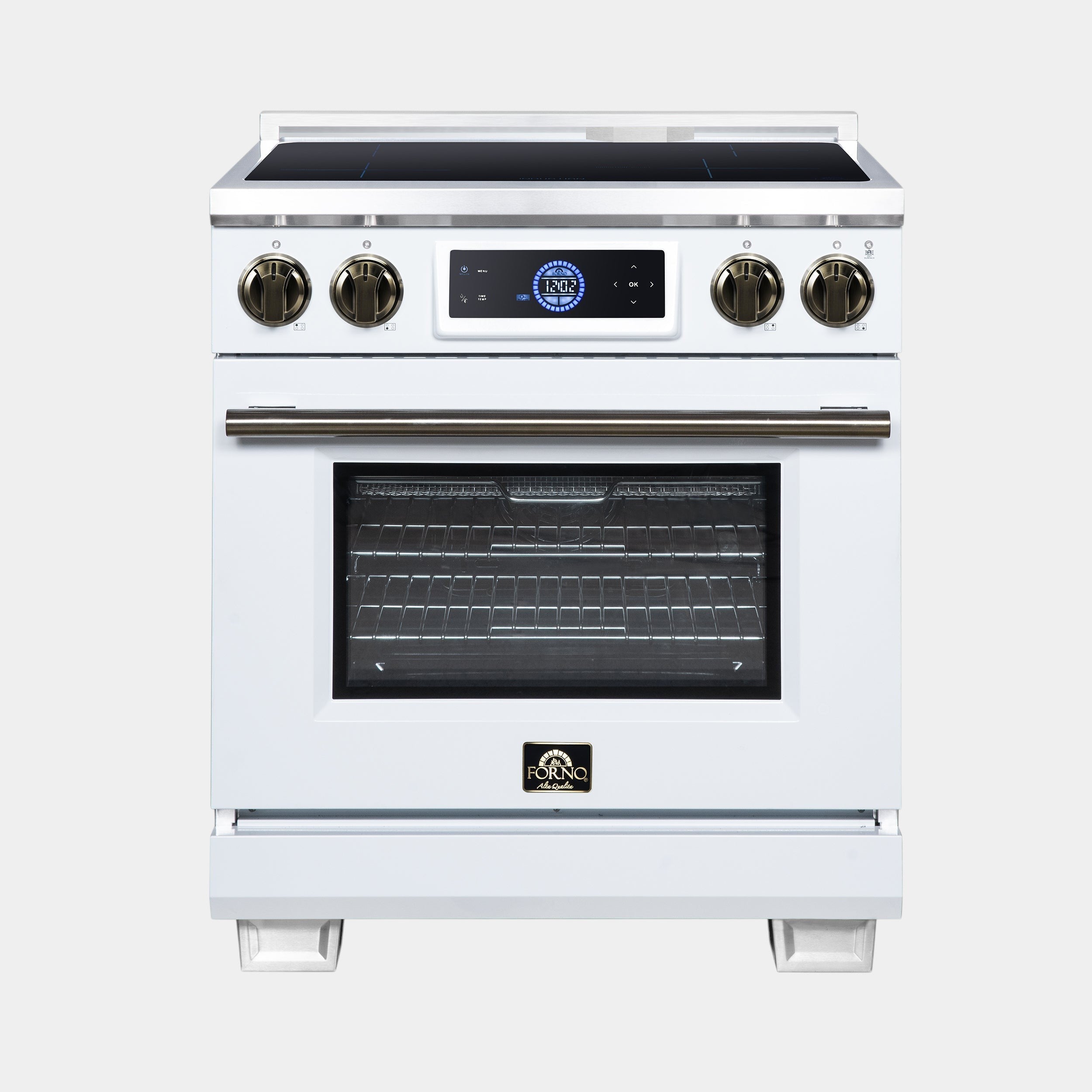Oven Elite HQ Forno Maximus 30-inch white induction range with antique brass knobs and digital display